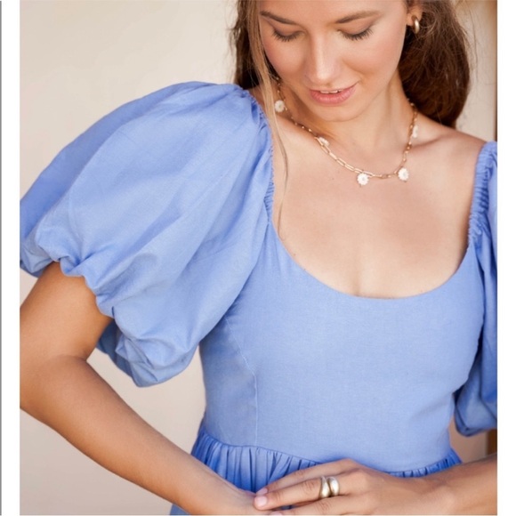 ELF Linen Handmade Puff Sleeve Blue Smocked Milkmaid Dress SIZE LARGE - Picture 3 of 9